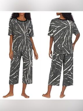 DKNY Womens Pajama Set Soft Comfy Cozy Knit Black White Crop Sleep PJs L 12 14